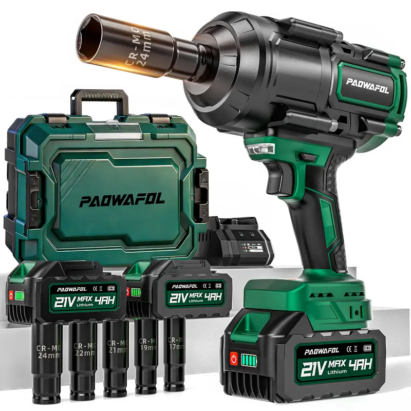 PAOWAFOL Cordless Impact Wrench, High Torque 1/2" Impact Gun with 2* 21V 4.0AH Battery, Fast Charger, 5 Sockets & Storage Case, Brushless Pistola De Impacto for Home Car Truck Tires