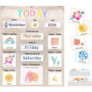 Circle Time Daily Morning Board Pocket Chart - Calendar Weather Seasons Positive Affirmations Letter Number Chart for Toddler Preschool Homeschool Morning Activity, Pastel Design