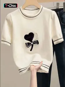Heart Beaded Knit Sweater Short Sleeve Fitted Women Spring Summer New Unique Design Short Knitted Top Elegant Butterfly Knot Valentine's Day Knitwear Womenswear Lightweight