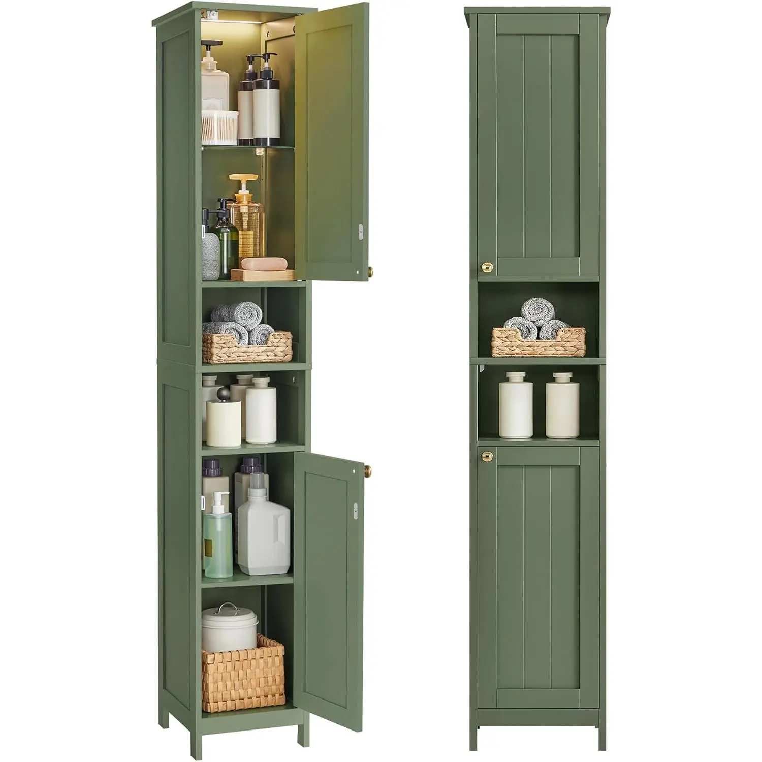 Slim Forest Green Bathroom Cabinet with Lights and Adjustable Shelves