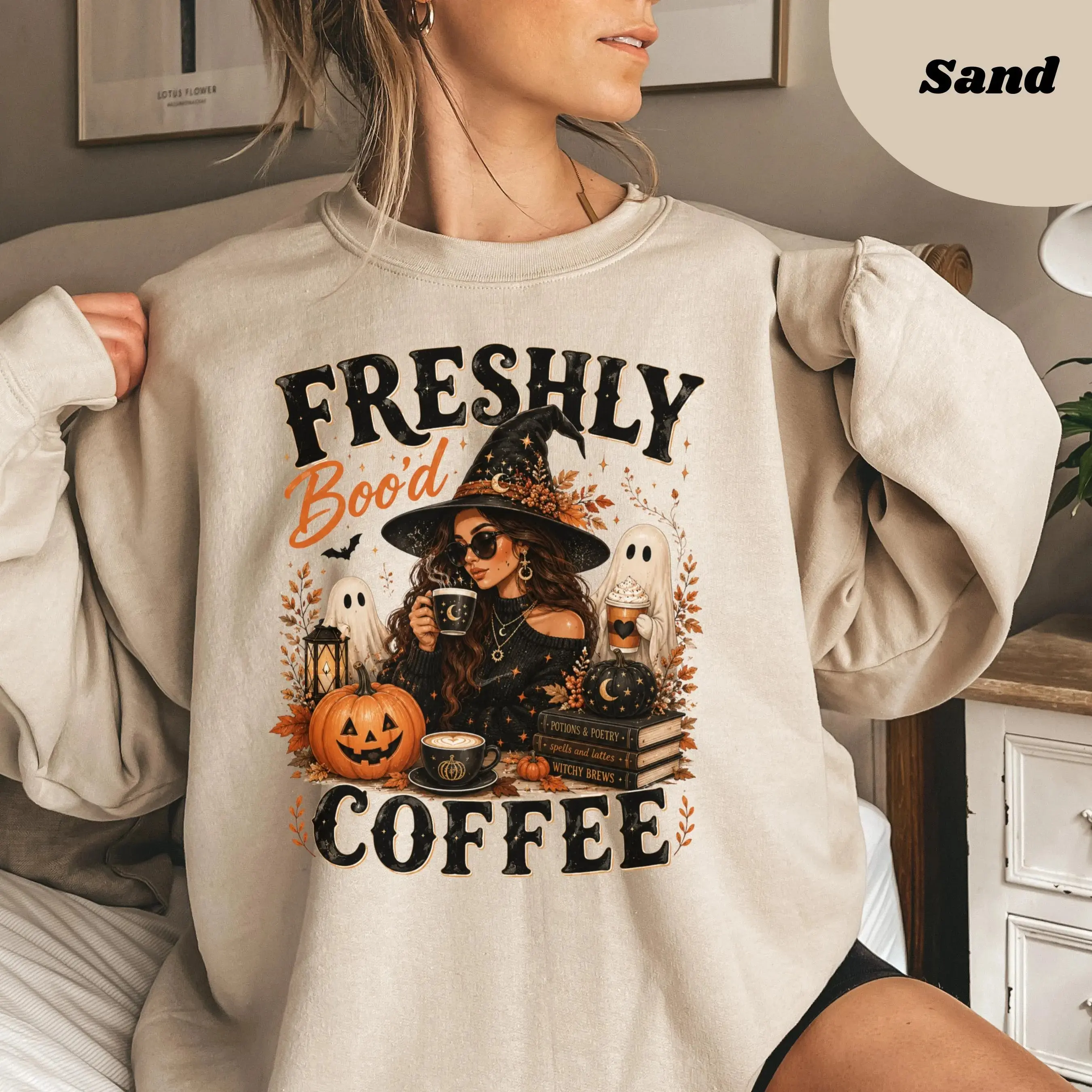 Freshly Boo’d Ghost Sweatshirt, Halloween Coffee Lover Gift, Spooky Season Fall Outfit, Funny Ghost Graphic Crewneck, Cute Autumn Coffee Apparel, Cozy Witchy Vibes Shirt for Women & Men, Halloween Party Gift Idea