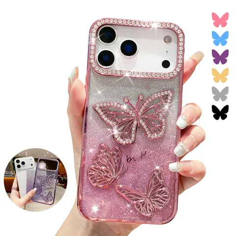 ROTUNOE Sparkling Butterfly Diamond Case for iPhone 17 Pro Max 16 15 14 13 12 Pro Max TPU Soft Shockproof Phone Case Cover for Women & Girls