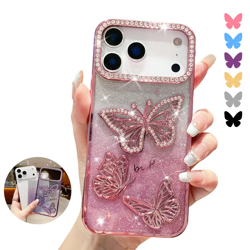 ROTUNOE Sparkling Butterfly Diamond Case for iPhone 17 Pro Max 16 15 14 13 12 Pro Max TPU Soft Shockproof Phone Case Cover for Women & Girls