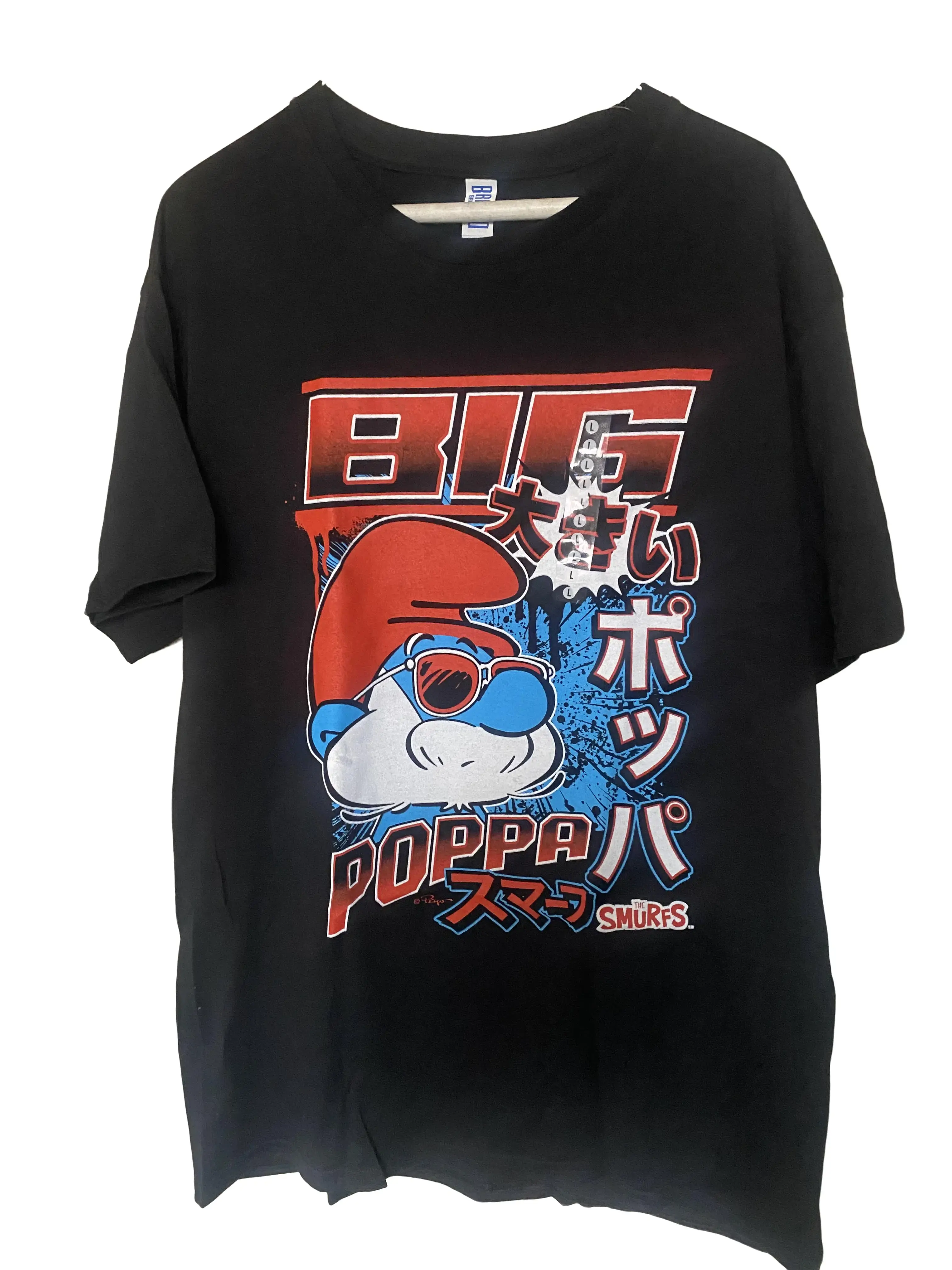 Men's The Smurfs Kanji Big Poppa Graphic Tee in Black Size Large with Bold Kanji Text and Iconic Smurf Graphics for Casual Wear