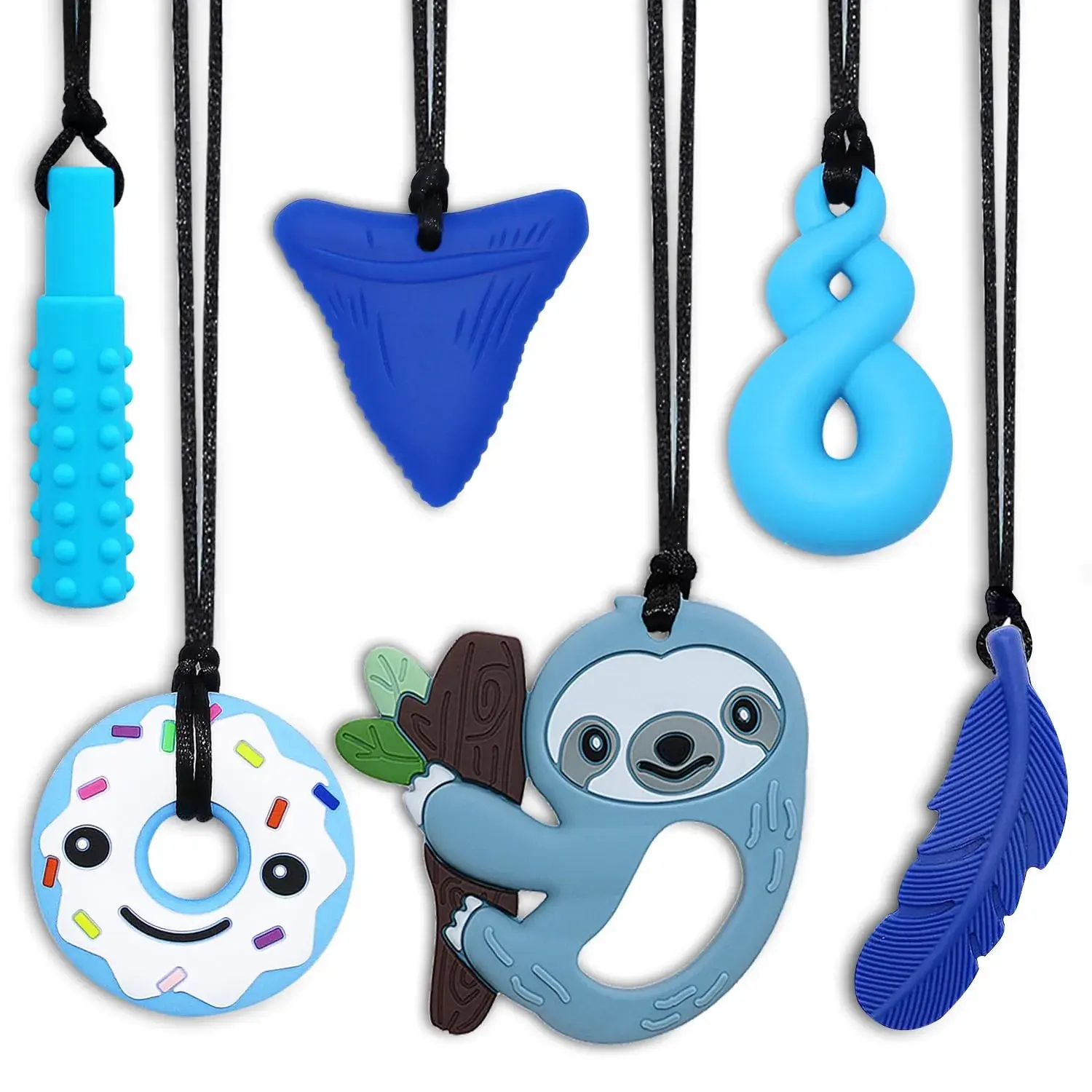 Silicone Chew Necklaces for Sensory Kids (ADHD) - 6-Pack Oral Motor Aids with Adjustable Cord, Safe for Children, Stress & Pressure Outlet