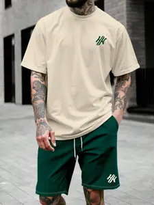 Men's Letter 3D Printed Round Neck Short Sleeve T-Shirt and Shorts Set, Casual Fitted Athleisure Classic Two-Piece Outfit, All over Print Style Tee Menswear