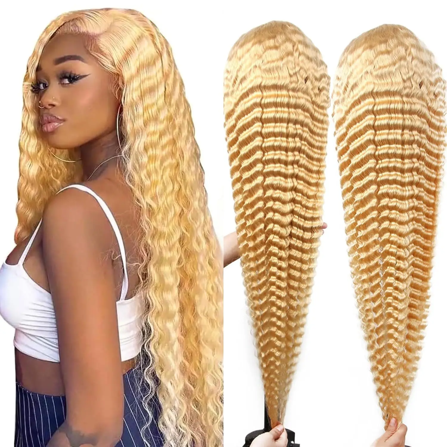 Hotlove Hair 613 Blonde 13x6 HD Lace Front Wig Human Hair Deep Wave 180% Density Skinlike Transparent HD Lace Frontal Wigs for Women Pre Plucked with Baby Hair Brazilian Virgin Hair 613 Blonde Human Hair Wigs Invisible Lace 613 Frontal Wig