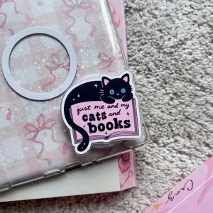 Cute Bookworm Black Cat Phone Holder, Just Me and My Cats and Books Acrylic Grip, Gift for Readers and Bibliophiles, Aesthetic Pink Stationery Phone Stand Accessory
