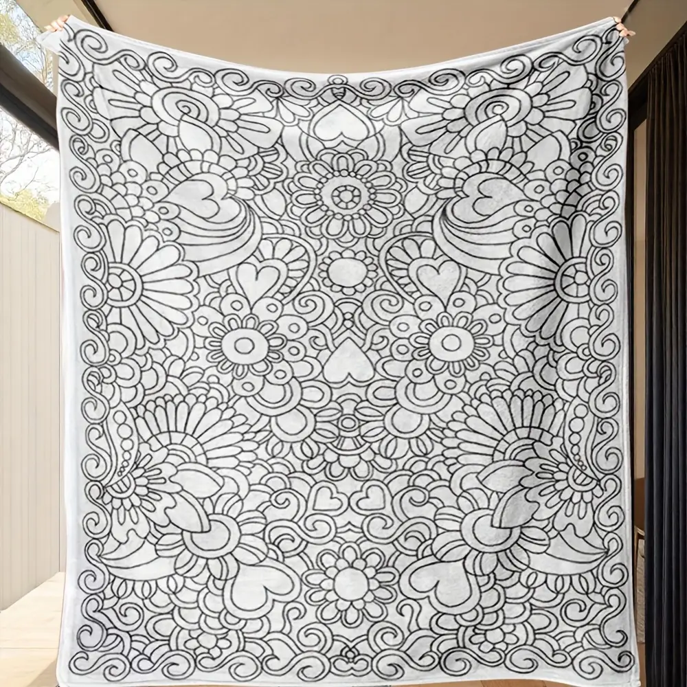 Adult Coloring Pattern Blanket - Vibrant Floral and Design, Polyester Fiber, Machine Washable, Suitable for Sofa, Bed, Office, Travel, Camping, Living Room, Bedroom Decor, Christmas Gift