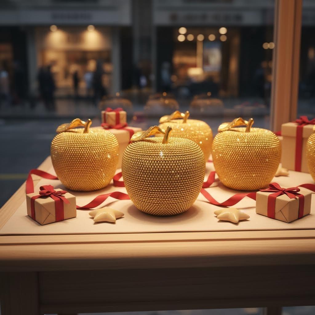 Luxury Golden Beaded Apple Decor | Bling Beaded Fruit Sculpture for Glam Home Office & Wedding Tabletop