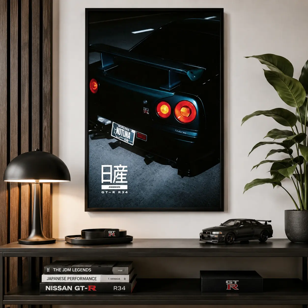 JDM Nissan GT-R R34 Wall Art Poster, Retro Japanese Car Canvas Print, Cool Automotive Decor for Boys Room & Man Cave, Unframed