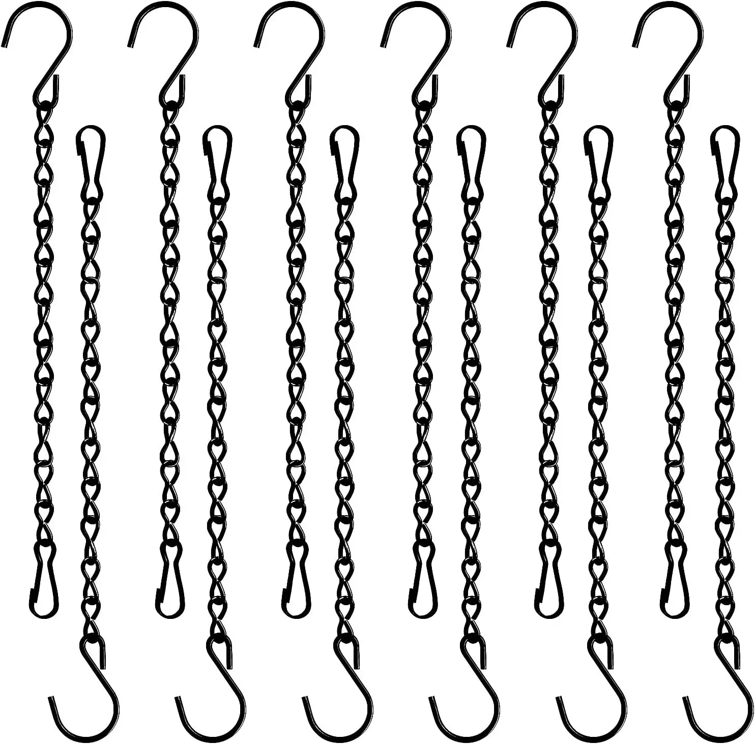 12-Pack 9.5-Inch Adjustable Iron Hanging Chain Set with Hooks, Clips, Easy Installation for Flower Planters, Bird Feeders (Home & Garden Use, Black Decorative Lightweight Hangers)