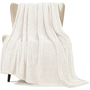 Extra Large Fuzzy Fleece Throw Blanket for Couch, 50x70 Inch Fluffy Warm Soft Jacquard Blankets for All Season, Lightweight and Cozy, Ivory