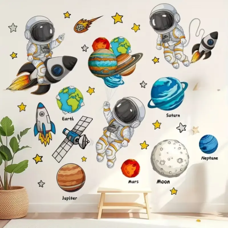 Single pack: space adventure stickers; creative space-themed self-adhesive wall decals featuring astronaut and rocket designs; suitable for bedroom, entryway, living room, and porch home decor wall decals; wall decoration stickers.