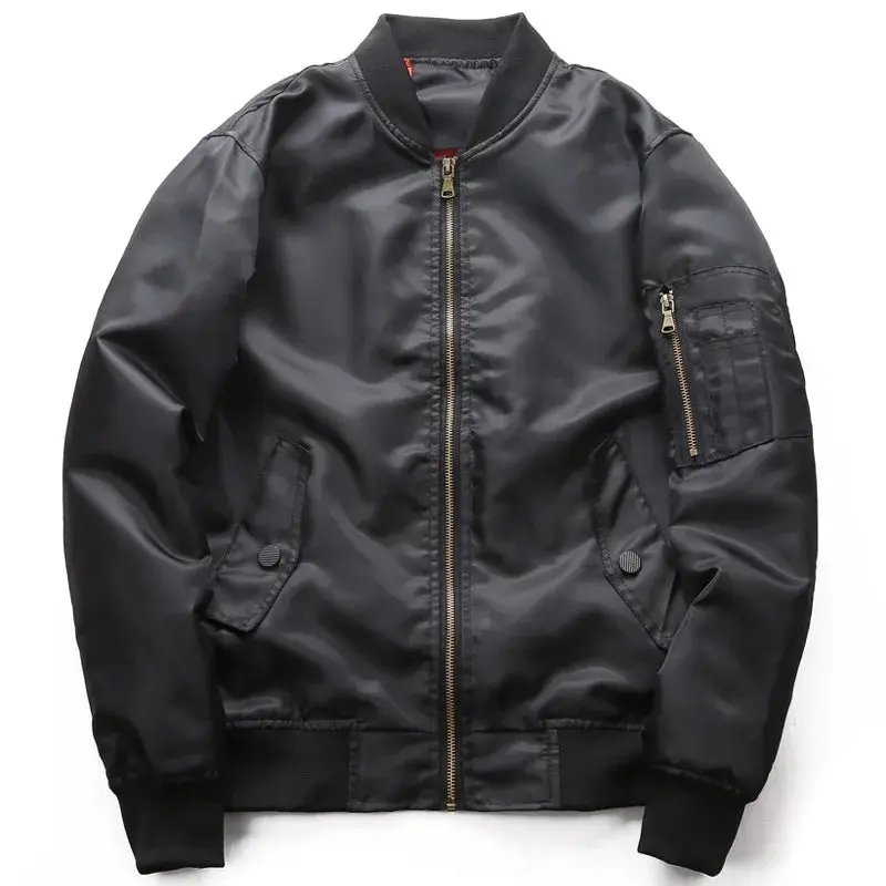 Men's Casual Solid Bomber Jacket, Loose Fit Polyester Clothes for Daily Wear with Zip Front, Ribbed Cuffs & Pocket Decoration, Patch Pocket