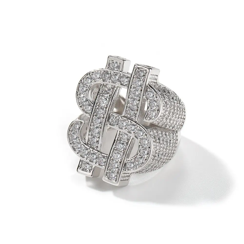 Men's Silver Chrome Metal Coating Hip Hop Hollow Dollar Symbol Cubic Zirconia Ring - Male Hipster Fashion Accessory, Men's Jewelry Beautiful Rings Rhinestone Decor Ring
