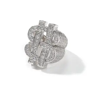 Men's Silver Chrome Hip Hop Hollow Dollar Symbol Zircon-Embedded Ring with Hipster Personality, Silver Chrome Rings