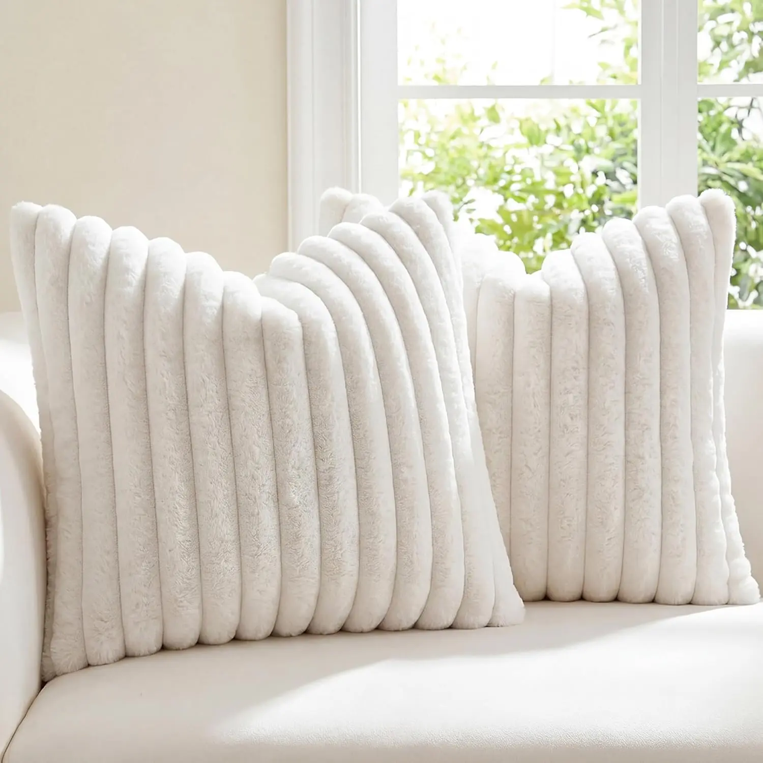 GOSTADY  Faux Fur Pillow Covers 18x18 Inch (Pack of 2) , Soft Square Fluffy Striped Modern Decorative Throw Pillow Covers for Sofa, Bedroom, and Living Room