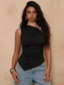 Metal Buckle Decor Halter Top, Italian Luxe Vibe, Draped Neckline to Enhance Silhouette, Perfect for Street Style & Layering