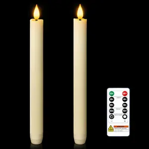 2 Pcs Real Wax Made Flameless Taper Candles with Remote and Timer, 9.6" Ivory Battery Operated Candle Stick Flickering, Led Taper Candles with Lifelike Flame for Indoor Home Decor