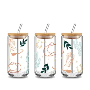 Western Cowboy Boot Cactus Design 16oz Glass Water Cup with Lid and Straw, Bamboo Lid Reusable Gass Drinking Cup, High-Quality Glass Jar Design, Suitable for Iced Coffee, Beer, Juice, Milk, Cold Drink Glass Cups, Fashionable Glassware