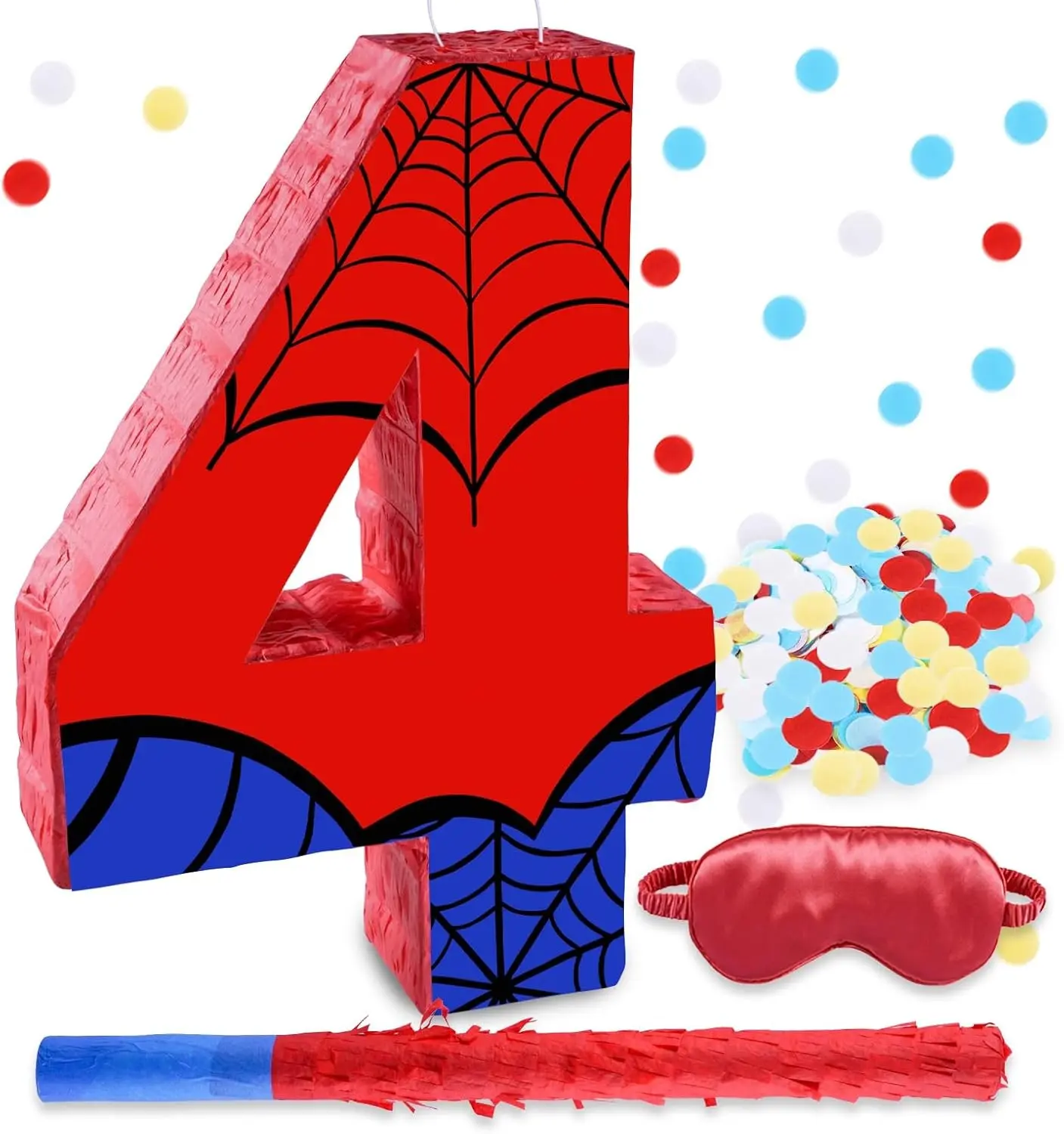 16 Inch Number 4 Spider Web Pinata Set with Piñata Stick Blindfold Confetti for Boys Girls Kids 4th Birthday Party Decorations