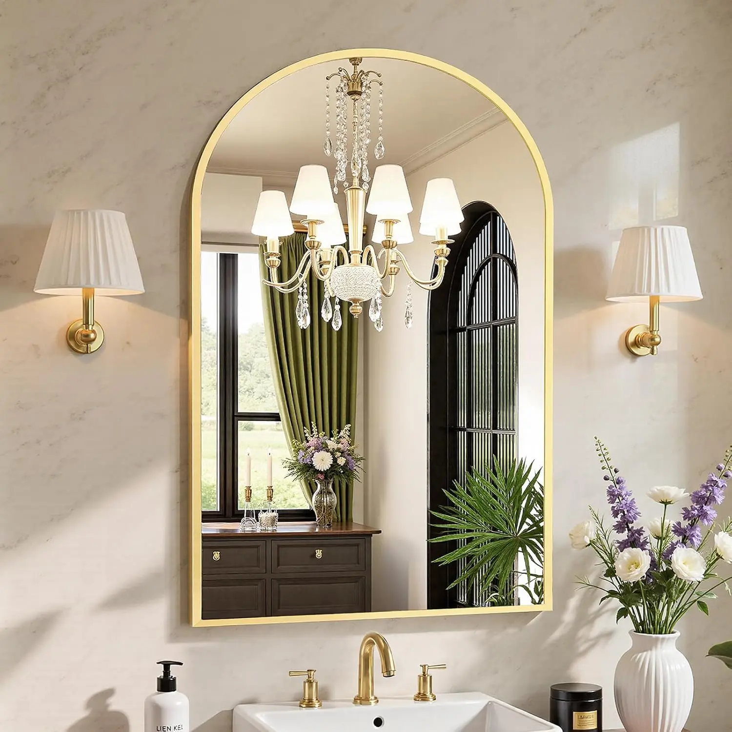 30x38/30x40/31x32 Inch Arched Bathroom Vanity Mirror, Gold & Black Metal Frame Over-The-Sink Mirror, Rust-Resistant Wall Mirror for Bathroom, Powder Room