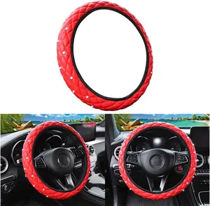Bling Elastic Steering Wheel Covers Leather Anti Slip Protector with Rhinestones Auto Interior Decor Accessories Universal Fit Red
