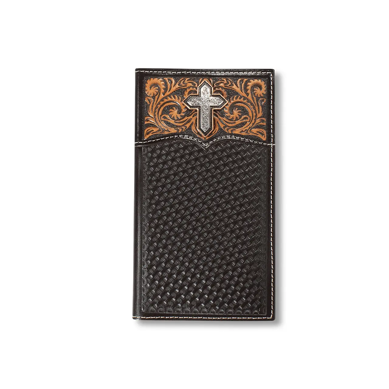 Ariat Men’s Leather Bifold Rodeo Wallet - Cowboy Style, Basket Weave, Sunburst, Cross Motifs, Fabric-Lined, Compartmented, Ideal for Father's Day Gifts, Leather Bifold Wallet, Mens Wallet