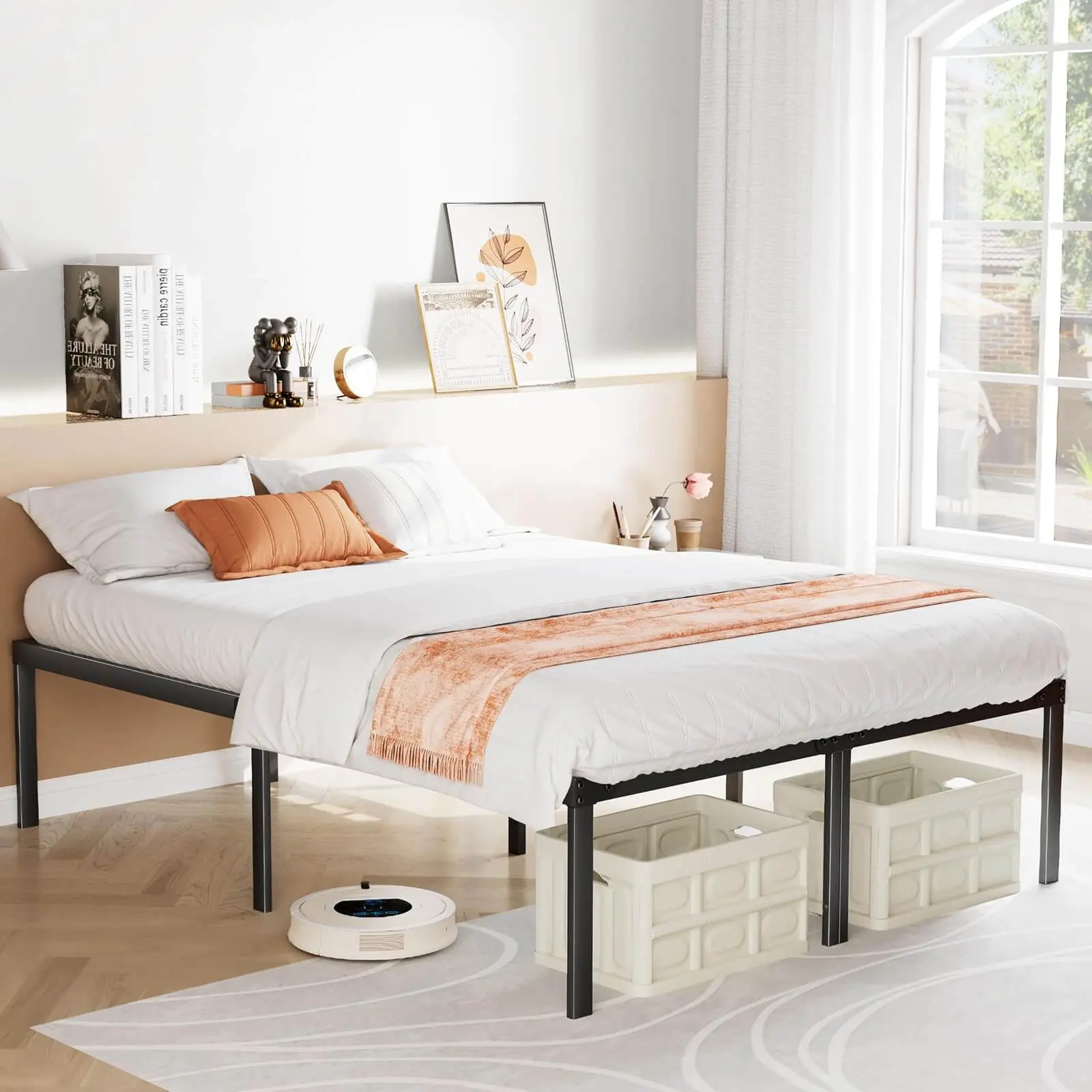Metal Bed Frame Heavy Duty Platform with Sturdy Steel Slats, Strong 300LBS Weight Capacity, Noiseless Anti-Slip Construction, Under-Bed Clearance for Storage, Tool-Free Assembly, No Box Spring Required, for Dorm Apartment Guest Room