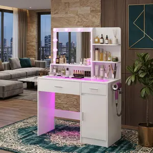 40 Inch White Glass Top LED Makeup Vanity Desk 3 Light Modes Adjustable Brightness RGB Ambient Light USB Power Outlet Multi Drawers Modern Dressing Table For Women Bedroom