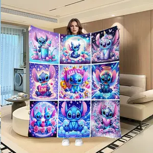 Stitch Nine-Piece Puzzle Blanket, Creative Digital Print Flannel Throw, Thanksgiving Valentine Christmas Gift, Holiday Multifunctional Blanket