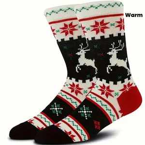 1 Pair Men'S & Women'S Christmas Reindeer & Snowflake Socks - Warm Winter Mid-Calf Thermal Socks with Red & Striped Cuff, & Reindeer & Snowflake Design, Durable Comfortable Holiday Gift For Teens & Adults, Christmas Socks, Festive Footwear