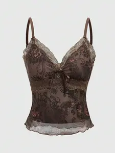 Plus Size Vintage Hippie Paisley Floral Print Lace Patchwork Ribbon Tie Strap Cami Top, For Summer
