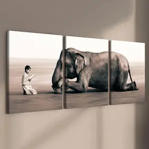 Wooden Framed Canvas Painting, 3 Counts/set Modern Elephant & Boy Pattern Wall Art, Wall Decor for Home Living Room Bedroom Office