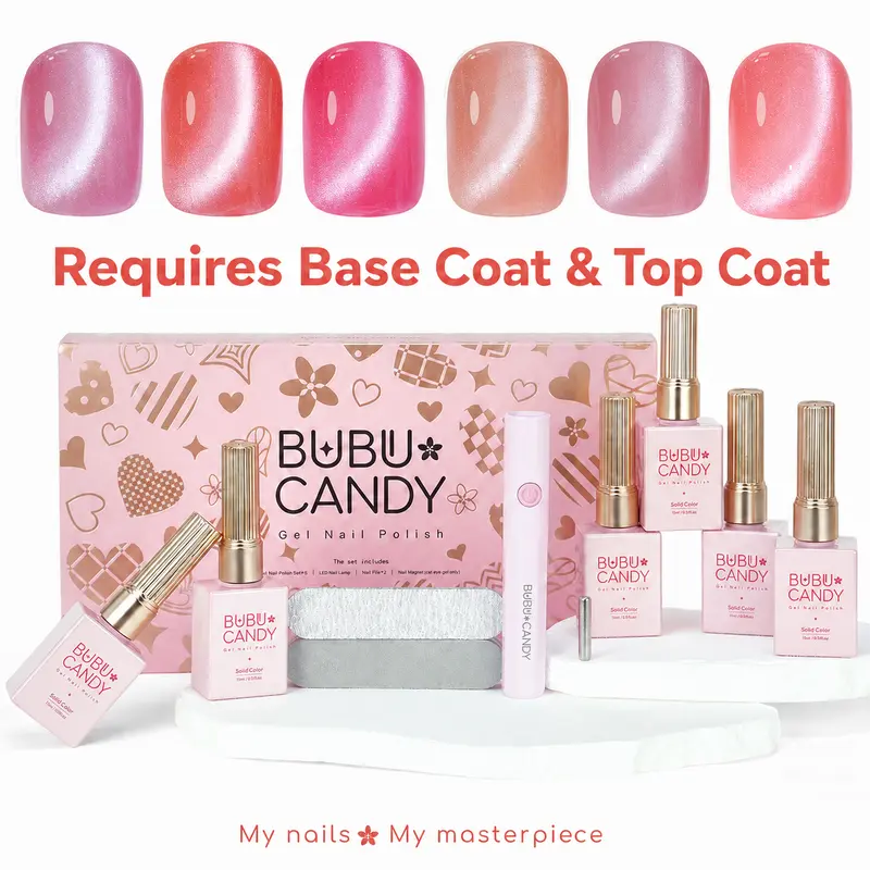 BUBU CANDY M's Pick: Cherry Blossom & Snow Aurora Cat Eye Gel Polish Set, 6PCS 15ML Pink Magnetic UV Gel Kit with LED Lamp, Soak Off Gel for Home DIY
