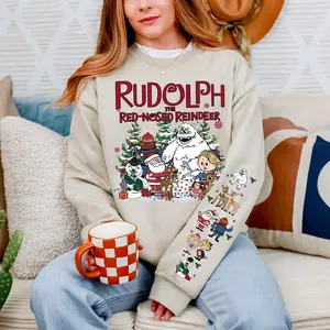Vintage Rudolph Christmas Sweatshirt Print On Sleeve, Retro Christmas Shirt, Red Nosed Reindeer Sweatshirt, Cute Christmas Shirt, Rudolph Santa Sweatshirt