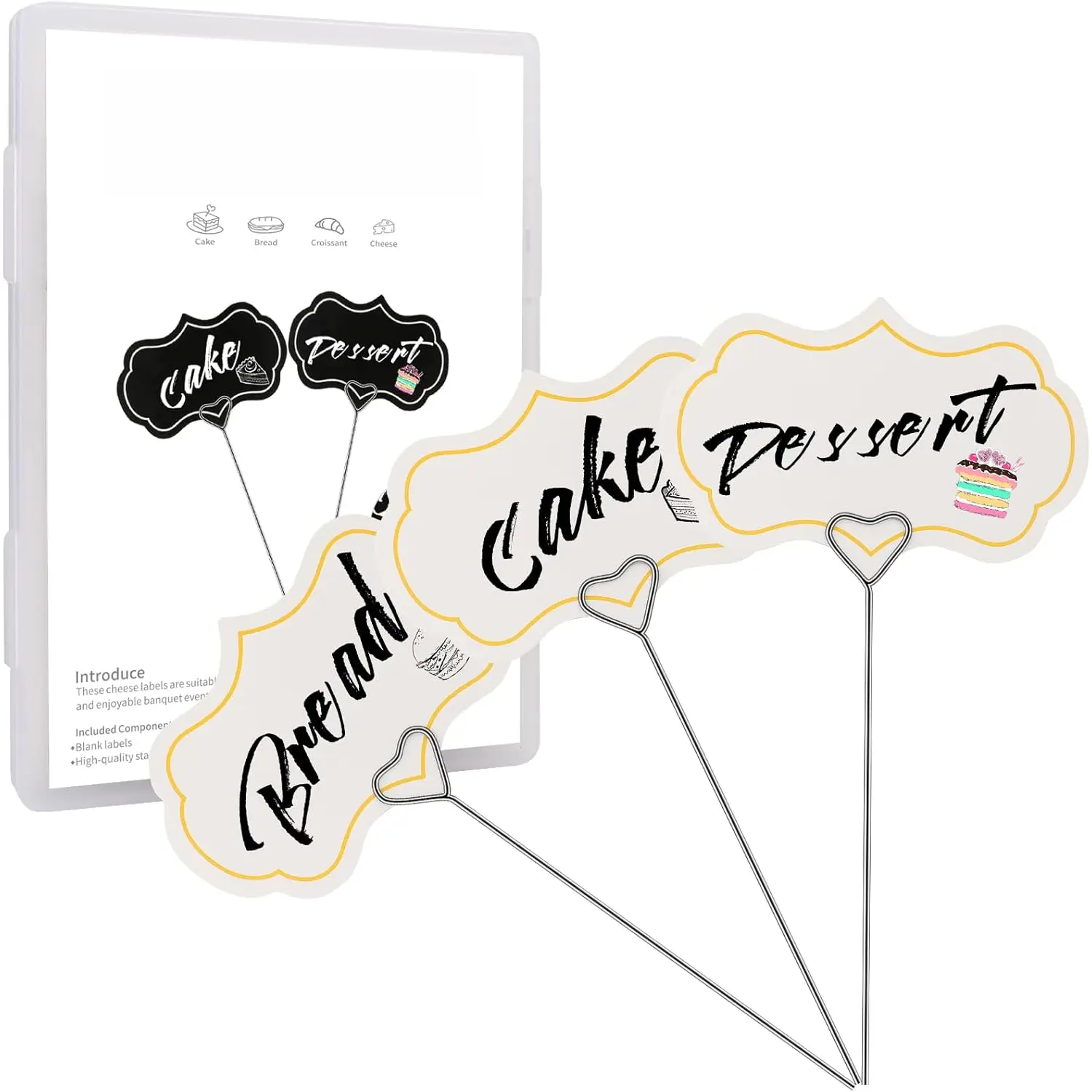 Cheese Labels Markers for Charcuterie Board Cupcake Toppers Appetizer Signs, Buffet Label  Tags Blank with Heart-Shaped Steel Picks for Birthday Wedding Party Decor (White 40 count)