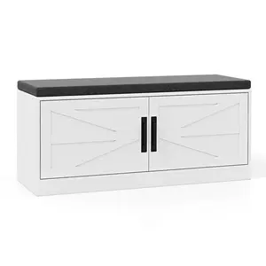 COSTWAY - Shoe Bench with Cushion Farmhouse Shoe Rack Organizer with 2 Barn Doors-White