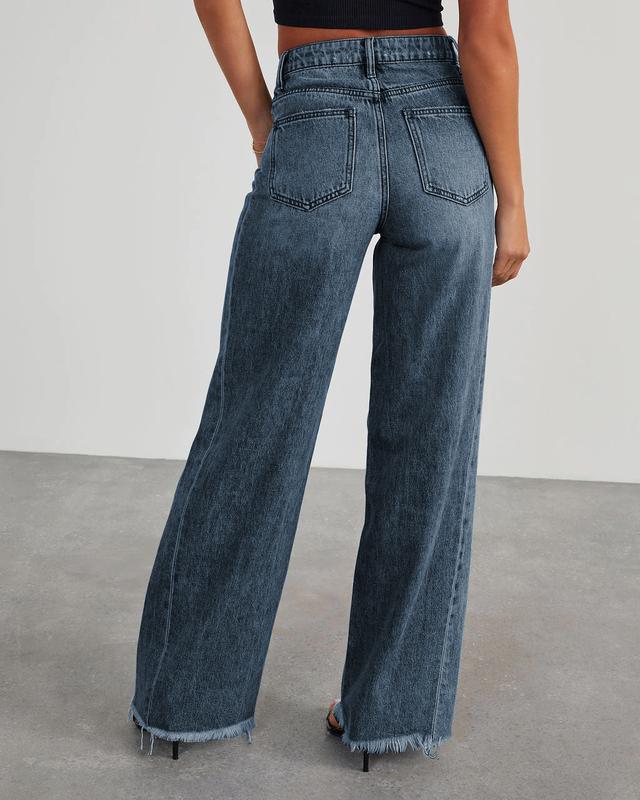 USBoutique Chic  Women's Fashionable Cute Wide Leg Jeans Flowy High Waisted Strechy Raw Hem Zimbaplatinum Denim Pants(2 or 3 for fs)
