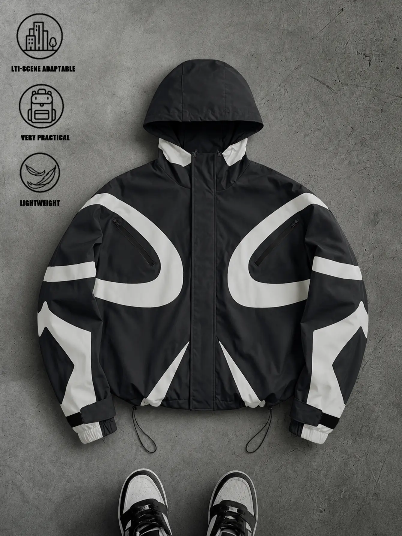 Men's color-block techwear hooded windbreaker, lightweight zip-up windproof street jacket with drawstring