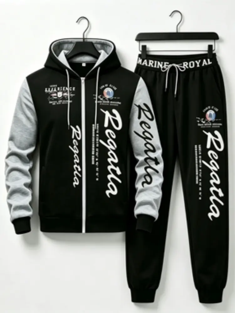 Men's Regular Fit 2-Piece Color Block Full Zip-Up Hoodie & Jogger Pants Tracksuit Set, Hip Hop Letter Graphic Print Long Sleeve Workout Streetwear, 2 Piece Set
