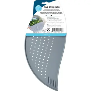 Pot Strainer  for Straining Pasta, Veggies and . Flat Surface for Easy Storage, Easy to Clean, Top Rack Dishwasher Safe, Grey