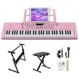 GEP-110 61-Key Piano Keyboard Set Pink With Stand Bench Headphone Microphone LED Screen 3 Teaching Modes for Beginners Complete Beginner Kit