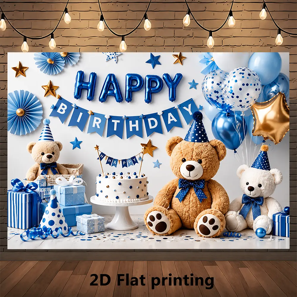 Happy Birthday Blue Teddy Bear Backdrop Navy Silver Balloons Golden Stars Elegant Bear Theme Photography Background for Birthday Celebration Wall Hanging