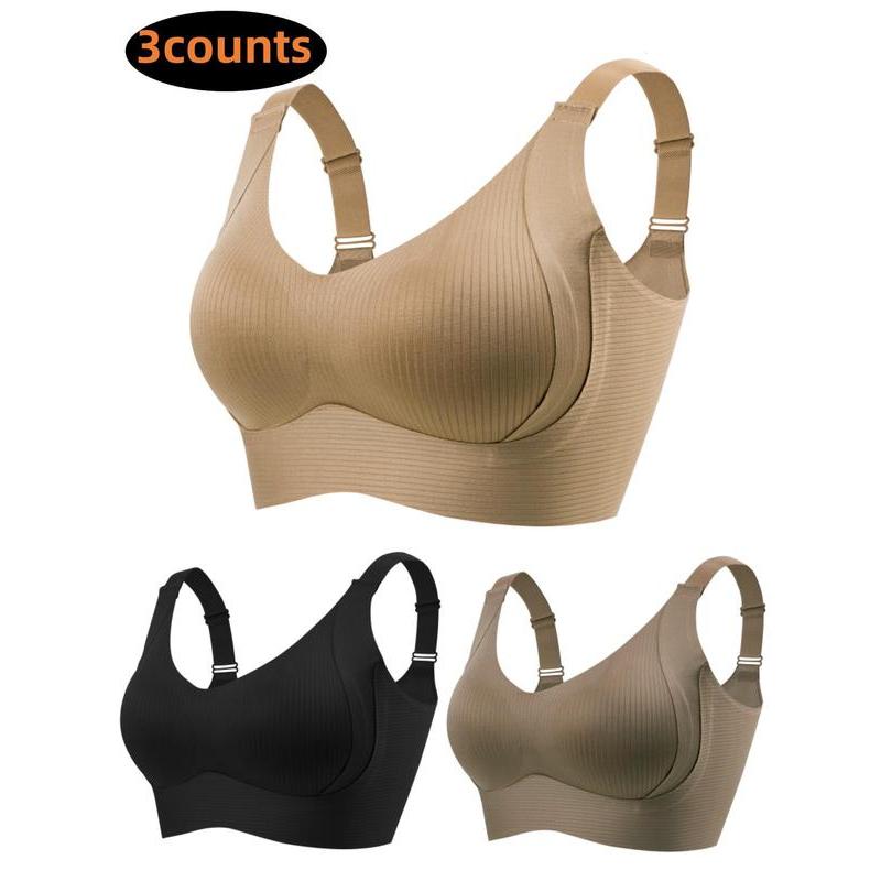 Women's 3-Pack Seamless Wireless Push Up Bra, Adjustable Supportive Solid Ribbed Bra, Soft Comfortable Breathable Lingerie with 4 Hooks, Perfect for Daily Wear, All Seasons Comfortable Intimates for Women