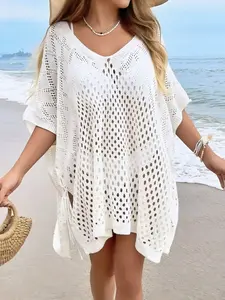 Women's Beach Cover-Up Shawl Jacket, Sun Protection Bikini Swimsuit Top, Sexy Hollow Out Loose Fit Swimwear, Summer Fashion, Beach Cover Ups