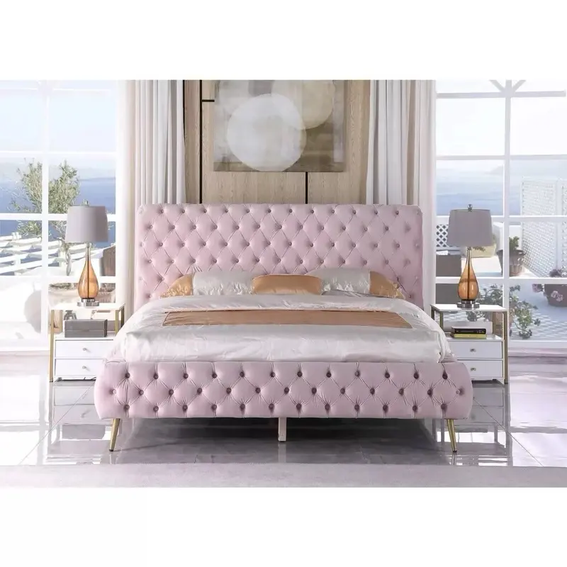 Starlight Velvet Tufted Bed in Pink King & Cal King Sizes with Deep Diamond Tufting Plush Velvet Upholstery and Elegant Gold-Finish Legs Liquidation Sale
