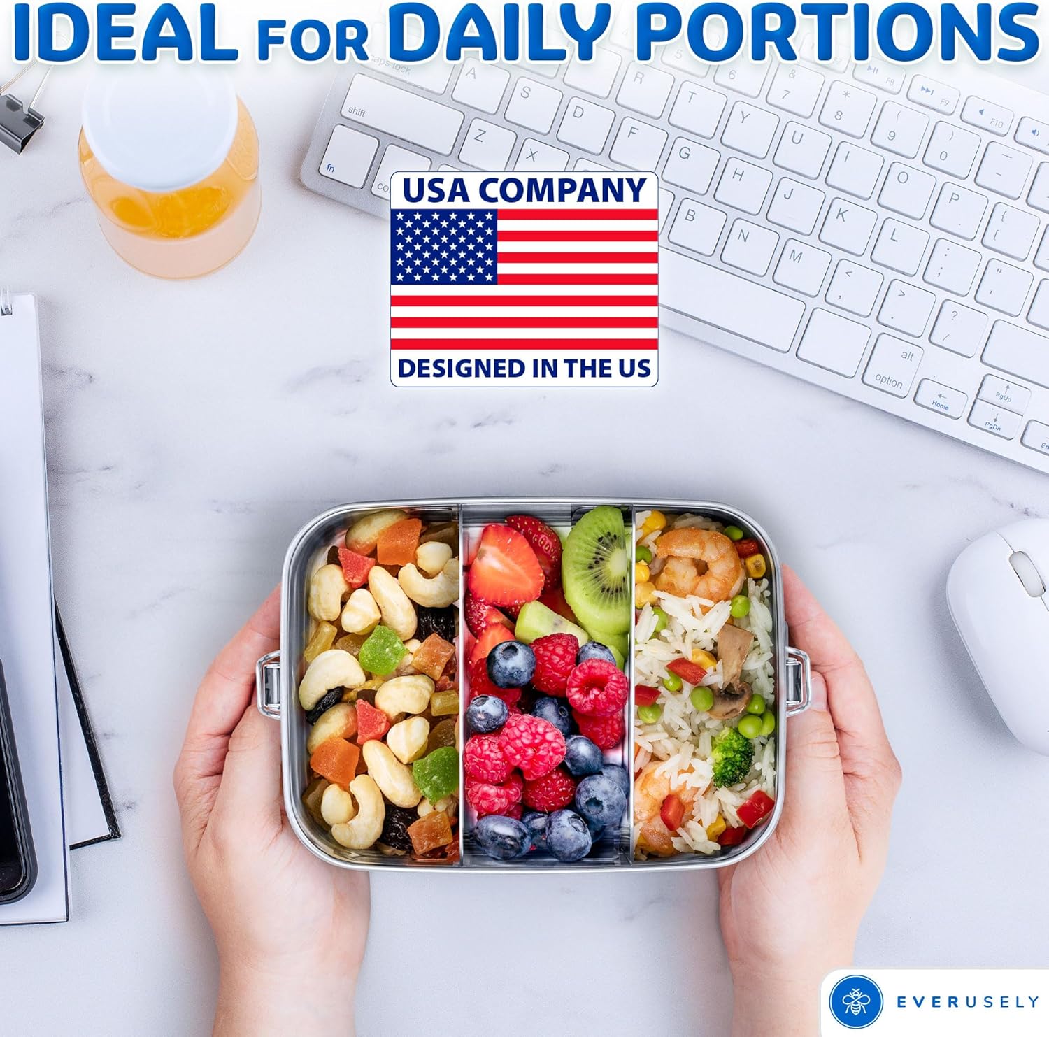 EVERUSELY Stainless Steel Lunch Box 47 oz 1.4 L with 2 Adjustable Dividers Leakproof Food Container for Adults Work Picnics Travel Dishwasher Safe Tableware Reusable EVERUSELY Stainless Steel Lunch Box 47 oz 1.4 L with 2 Adjustable Dividers Leakproof Food Container for Adults Work Picnics Travel Dishwasher Safe Tableware Reusable