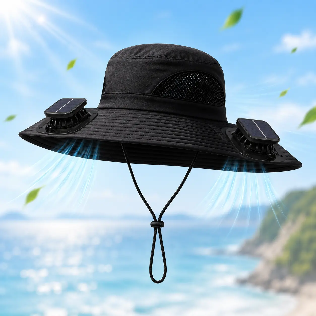Men's Solar Powered Fan Hat - Solar Charging Hat, USB Rechargeable Wide Brim Cooling Cap with 2 Built-in Fans, Adjustable Windproof UV Protection, Outdoor Gadget for Fishing, Father's Day Gift